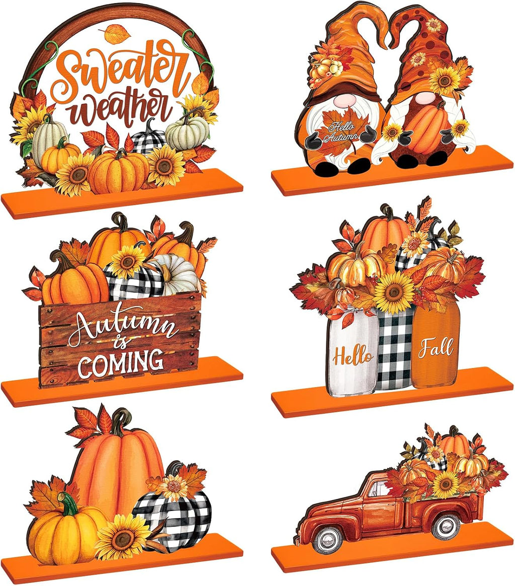 6 Pcs Fall Table Decorations Autumn Wooden Table Centerpieces Fall Pumpkin Truck Gnome Tabletop Signs Thanksgiving