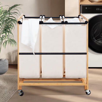 3-Section Laundry Sorter with Bamboo Frame, Rolling Laundry Hamper Cart, Removable, Washable Canvas Bags, Lockable