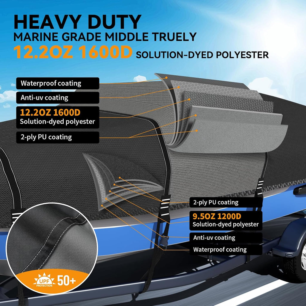 1600D+1200D V-Hull Boat Cover with 2" Wide Loops,16-18.5ft | Durable Waterproof Cover for Trailering & Mooring Fits