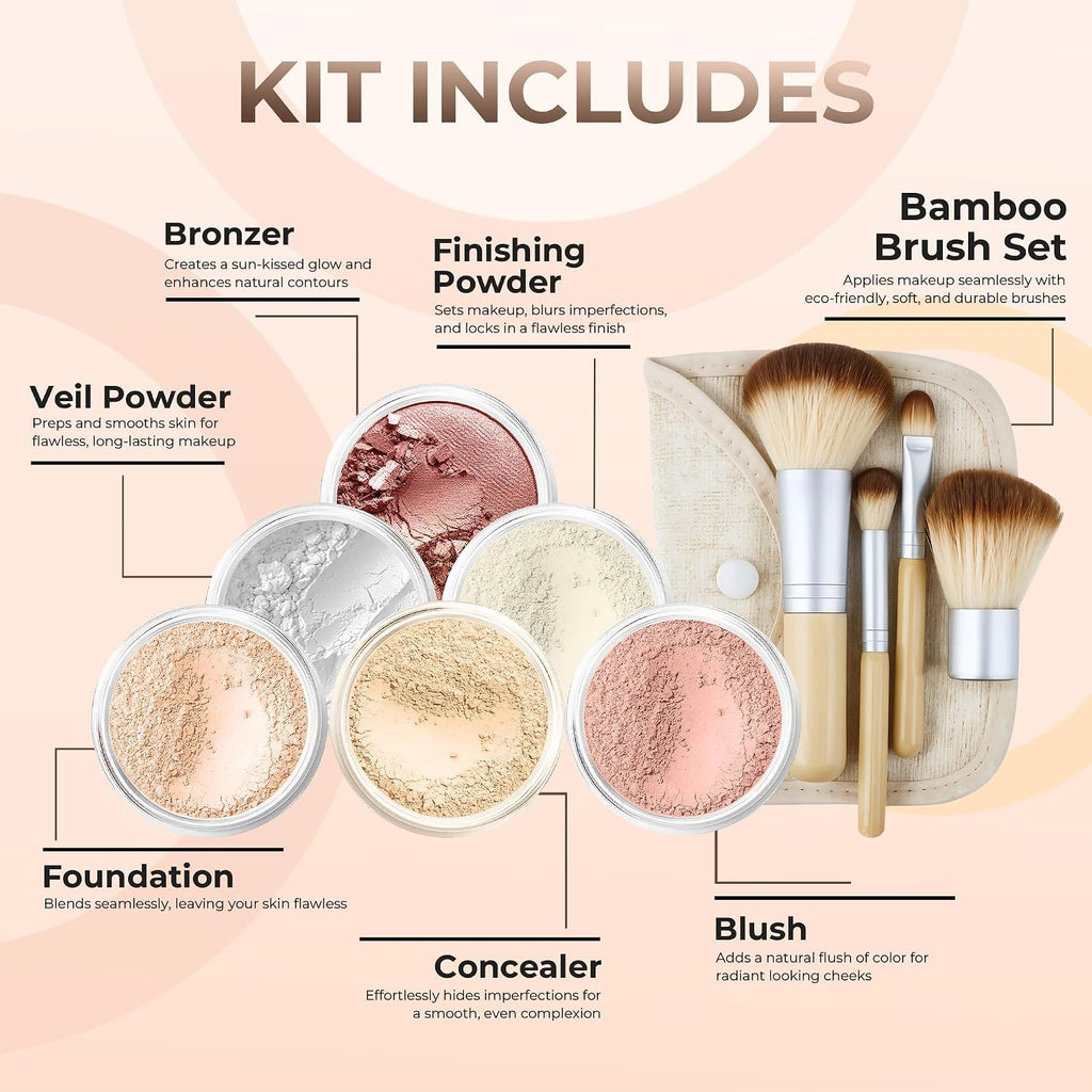 EVERYDAY KIT (PINK BISQUE) Full Size Mineral Makeup Set Matte Foundation Bare Face Sheer Powder Cover