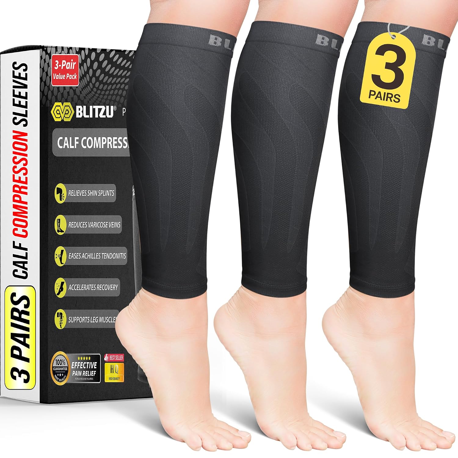 3 Pairs Calf Compression Sleeves for Men and Women. Footless Compression Socks & Leg Support for Running, Travel