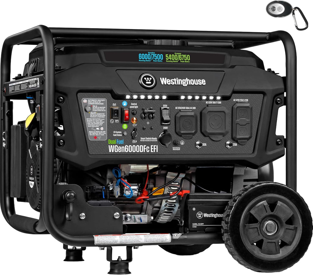 7500 Peak Watt EFI Dual Fuel Home Backup Portable Generator, Remote Electric Start, Transfer Switch Ready, Gas and