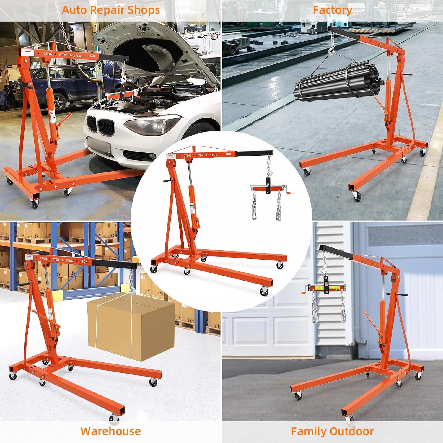 2 Ton Hydraulic Engine Hoist Cherry Picker, 4400LBS, Orange