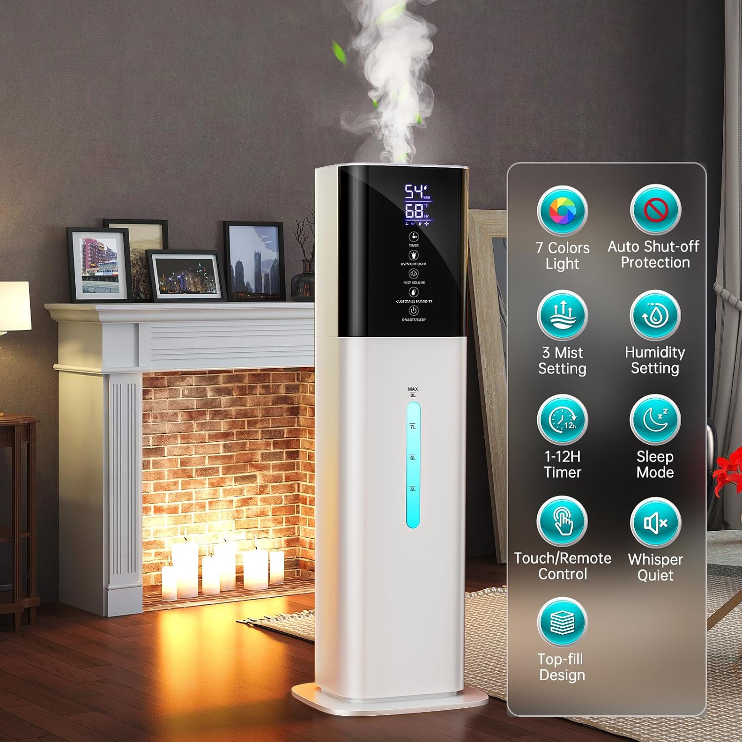 Humidifier Large Room Bedroom, 8L/2.1Gal Top Fill Cool Mist Humidifiers with Humidistat, 3-Speeds, 48H Runtime, Quiet