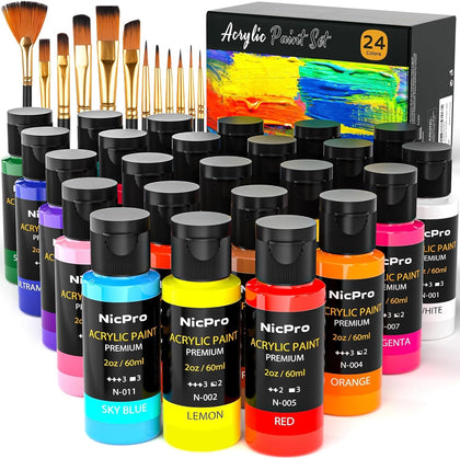 Acrylic Paint Set, 24 Colors with 12 Brushes & Palette, Non Toxic Art Supplies Kit for Painting Fabric, Canvas, Clay