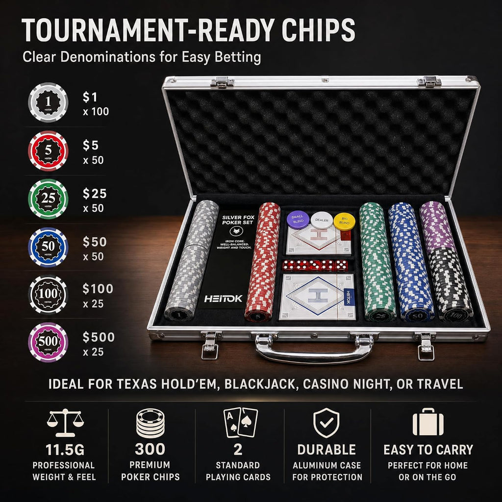 300-Piece Compact Poker Chip Set for Texas Hold'em Card Game | 11.5g weighted feel for Texas Holdem and Blackjack