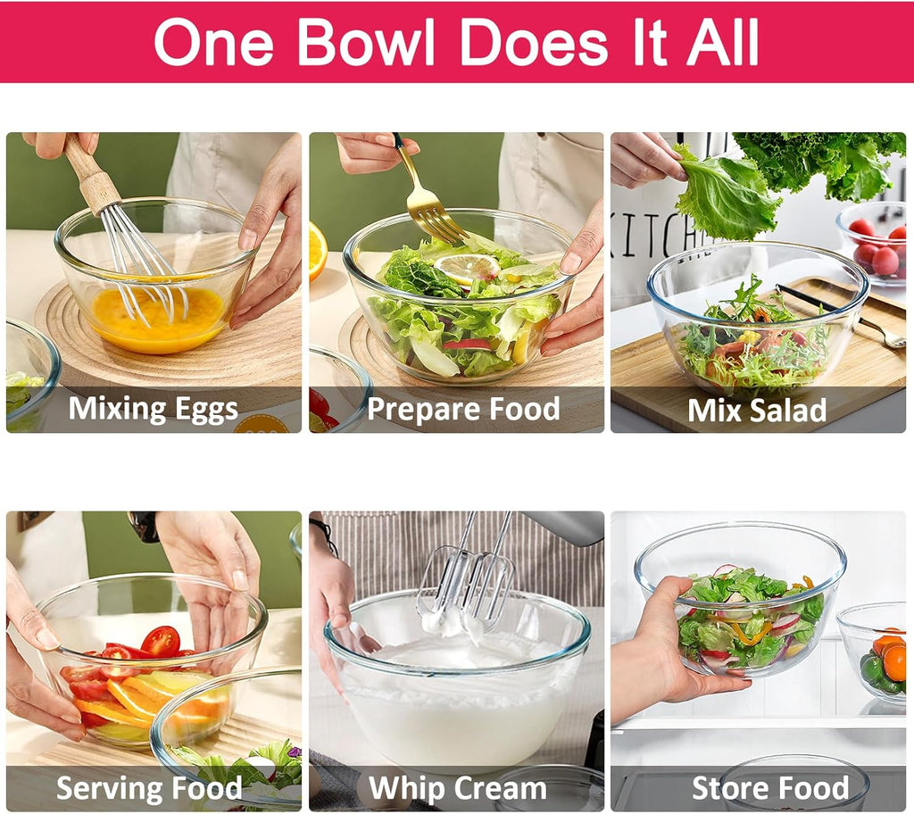4 Pack Glass Mixing Bowls Set with Lids (4.8QT, 2.9QT, 1.7QT, 0.8QT), Glass Nesting Bowls for Kitchen Baking, Cooking