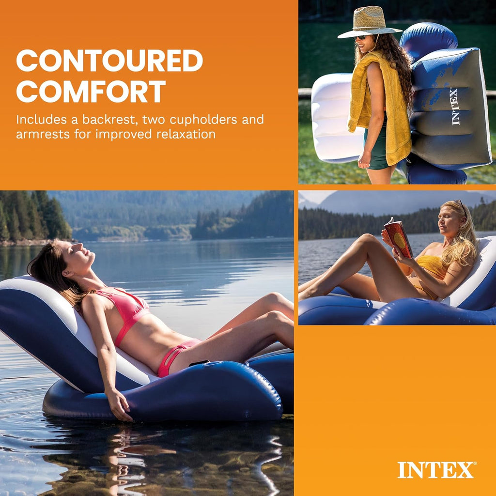 Inflatable Lounge Pool Recliner Lounger Chair with Cup Holders - Heavy-Duty Float Raft for Adults, 220 Lb Capacity