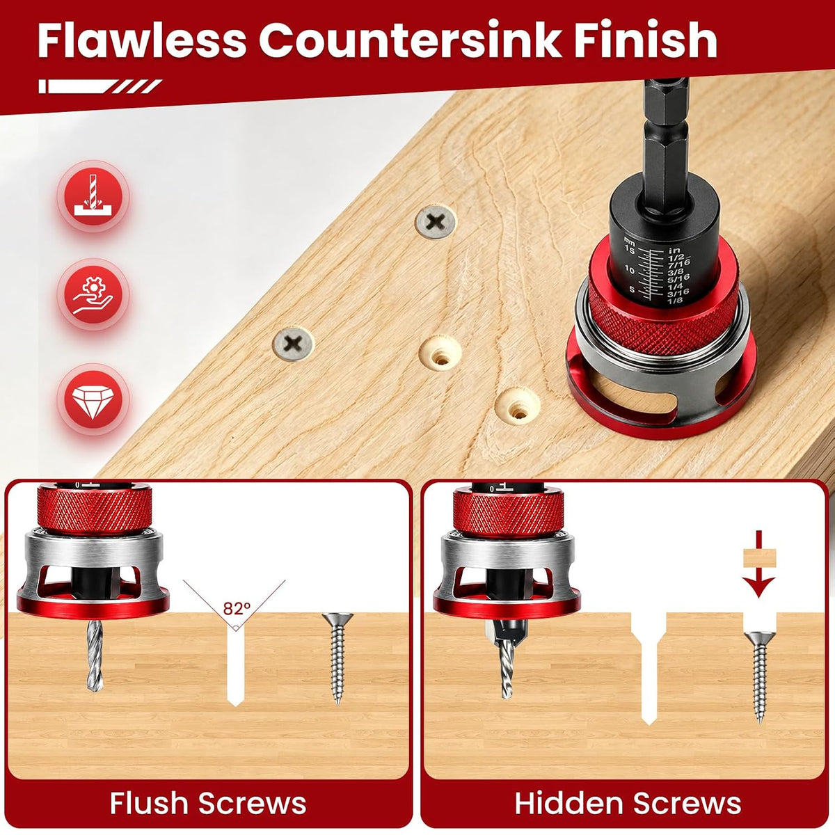 Countersink Drill Bit Set with Depth Stop, 5 PCS TCT Cutters & HSS Bits