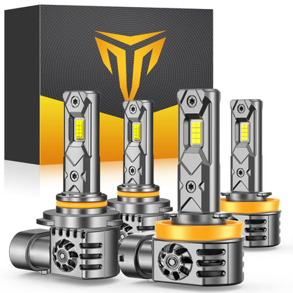 H11 9005 Light Bulbs Combo, 210000LM 2100% High and Low Beam Bulbs, 6500K White, 1:1 Mini Size H8/H9 HB3 Powersports