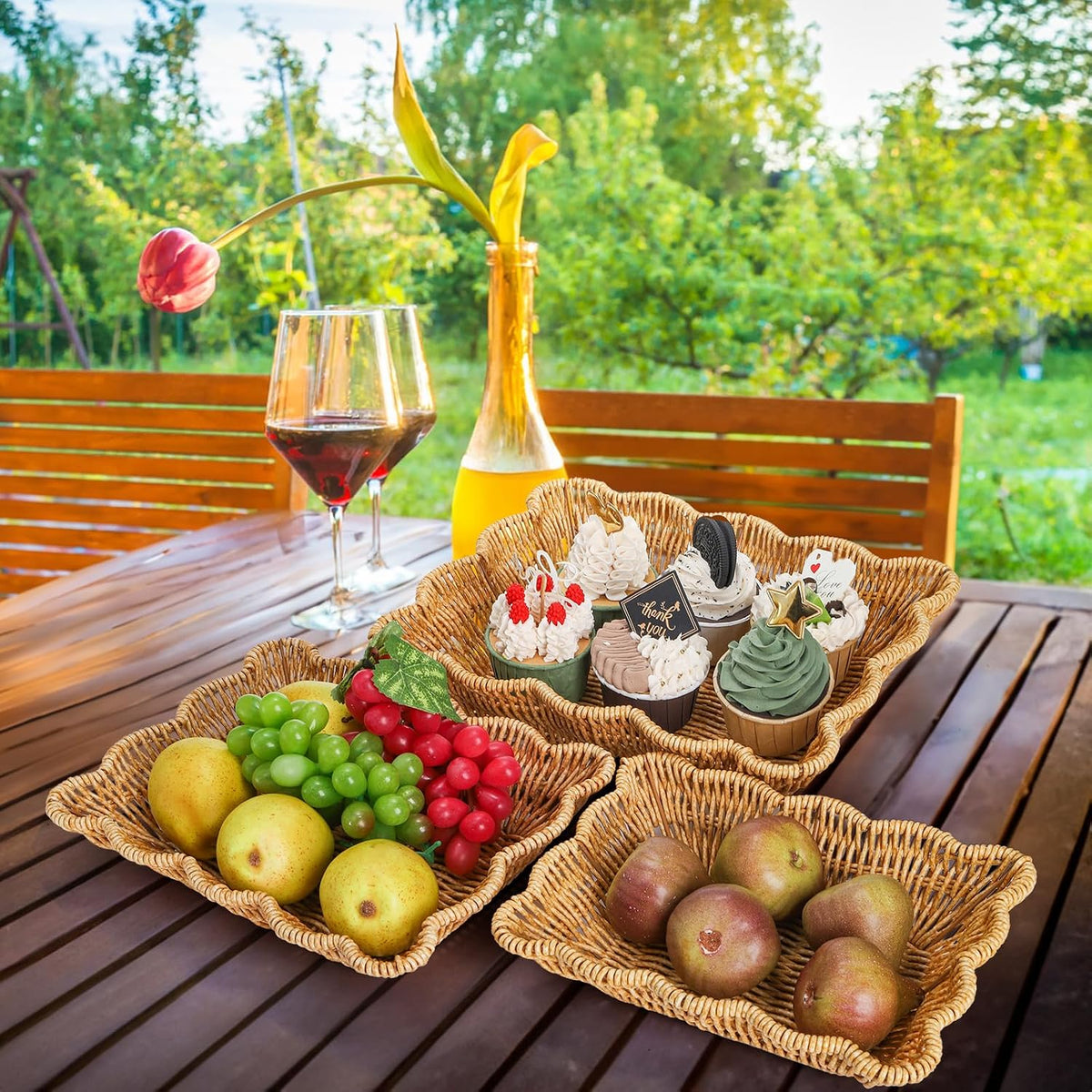 3 Pack Poly Wicker Bread Baskets, Imitation Rattan Fruit Baskets, Rectangular Tabletop Woven Serving Baskets Trays