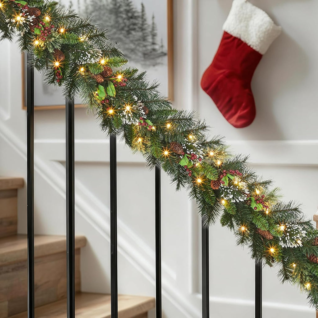 Christmas Wreath and Garland Set of 6, PreLit LED Artificial Christmas Décor with One Xmas Wreath and Arc Garland, 2