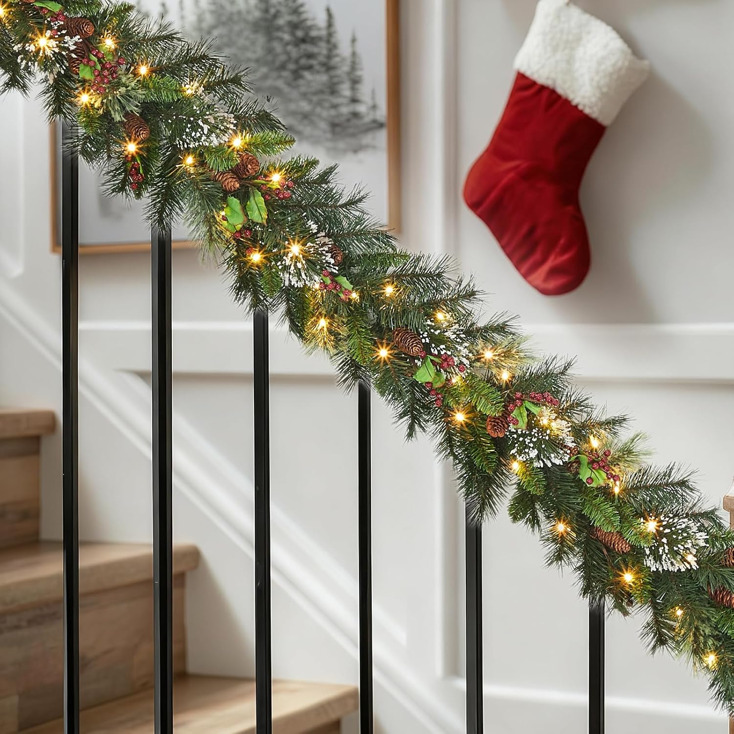Christmas Wreath and Garland Set of 6, PreLit LED Artificial Christmas Décor with One Xmas Wreath and Arc Garland, 2