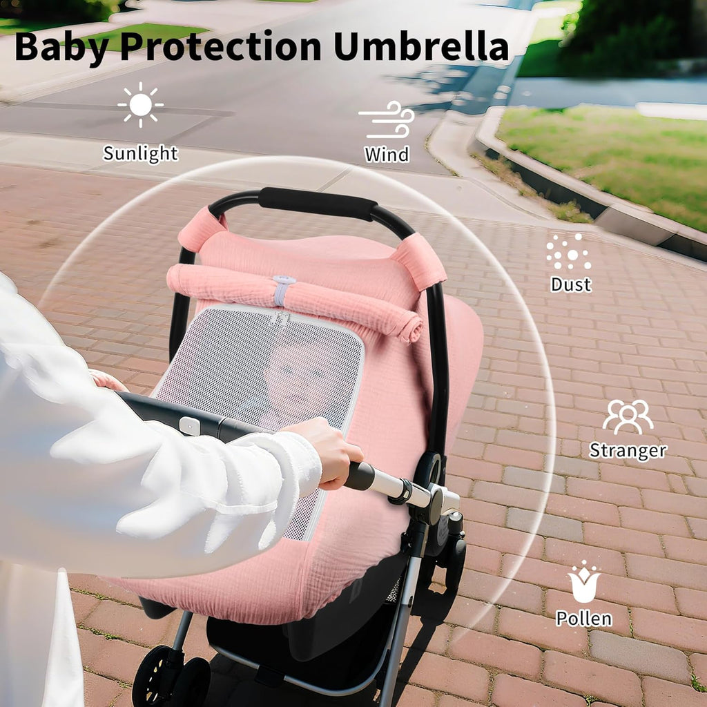 Car Seat Cover Baby, Carseat Covers Girl Boy, Breathable Muslin Cotton, Large Mesh Window, Infant Car Seat Canopy