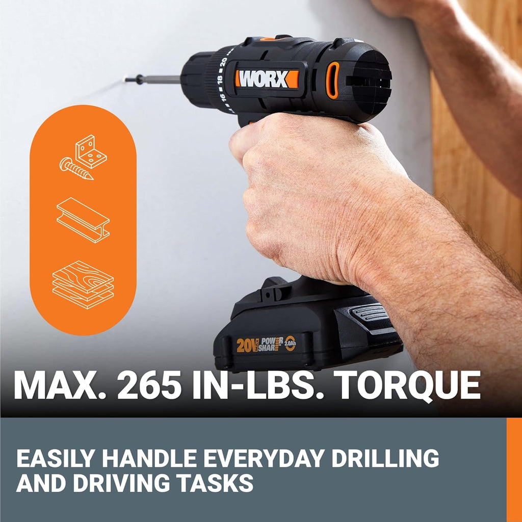 20V Cordless Drill Driver, 84pc Accessory Kit, Variable 2-Speed, 265 In-Lbs Torque, 20+1 Clutch, Lightweight