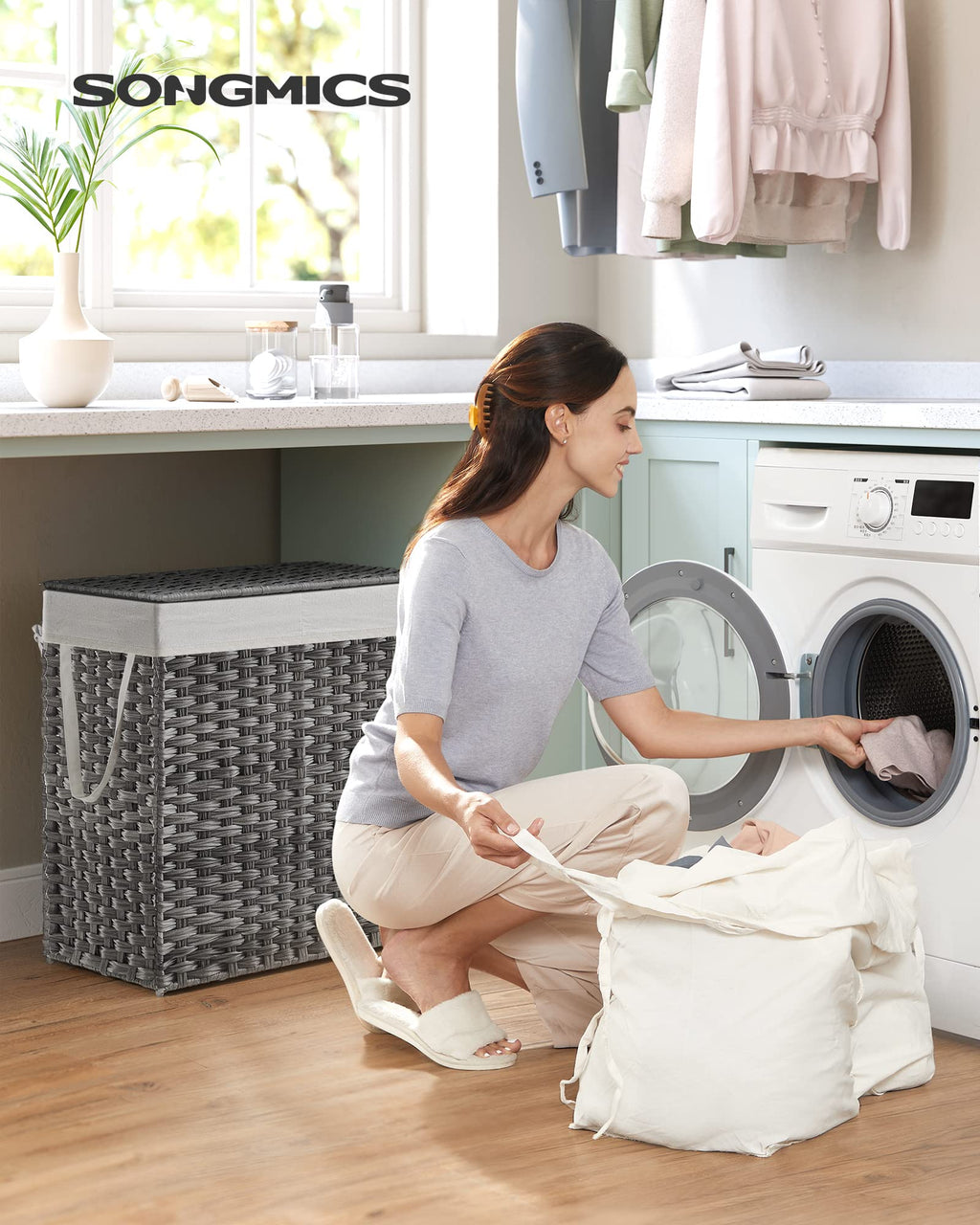 Laundry Hamper with Lid, 110L Double Wicker Basket, 6 Mesh Bags