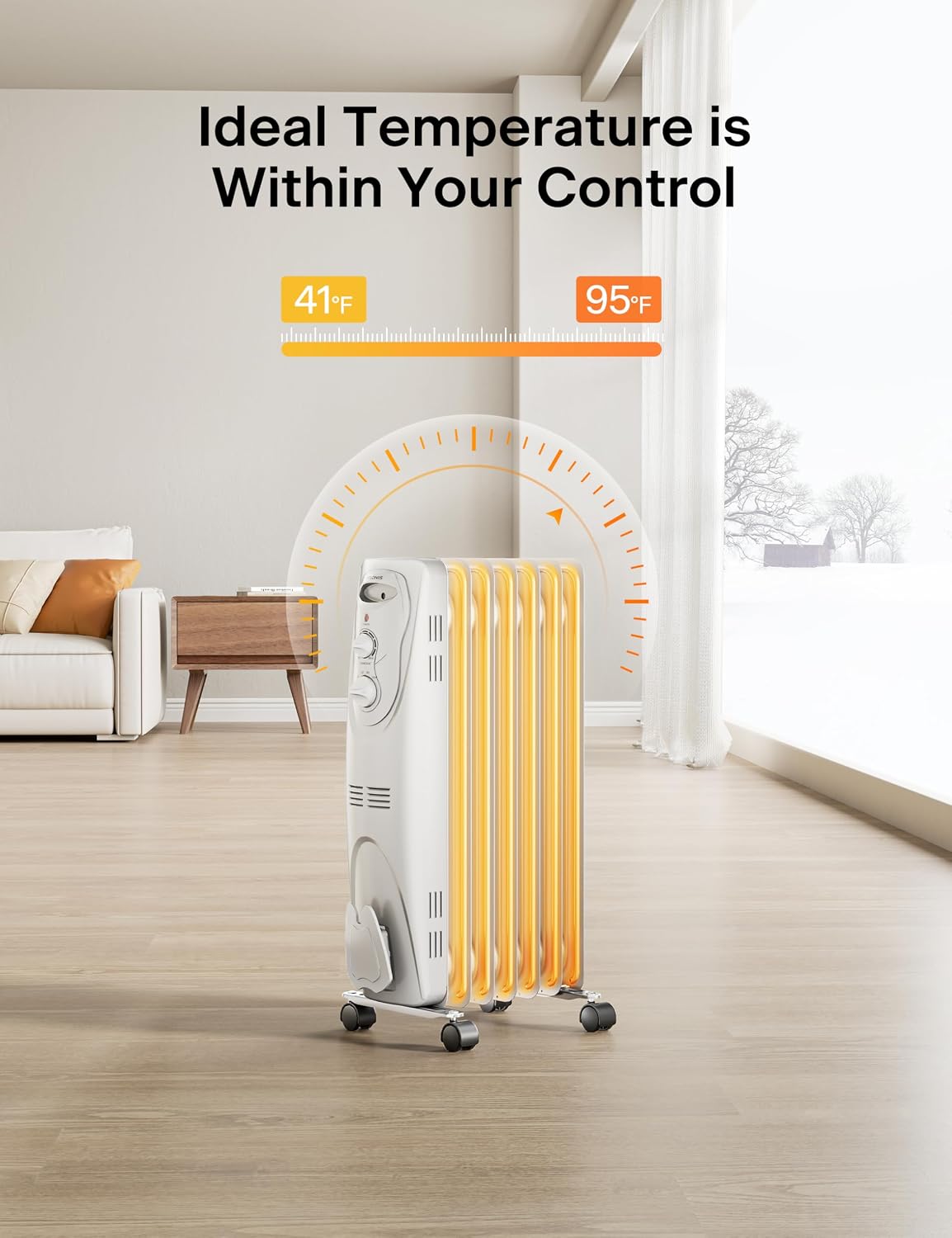 Radiator Heater for Large Space, Electric Oil Filled Radiator, Dual Knobs, 1500W, Quiet Space Heater, 3 Modes