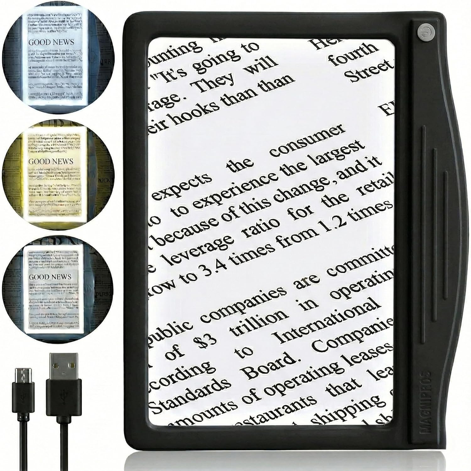 5X Rechargeable Large Ultra Bright LED Page Magnifier with Anti-Glare Lens & 3 Color Dimmable Light Modes, Relieve