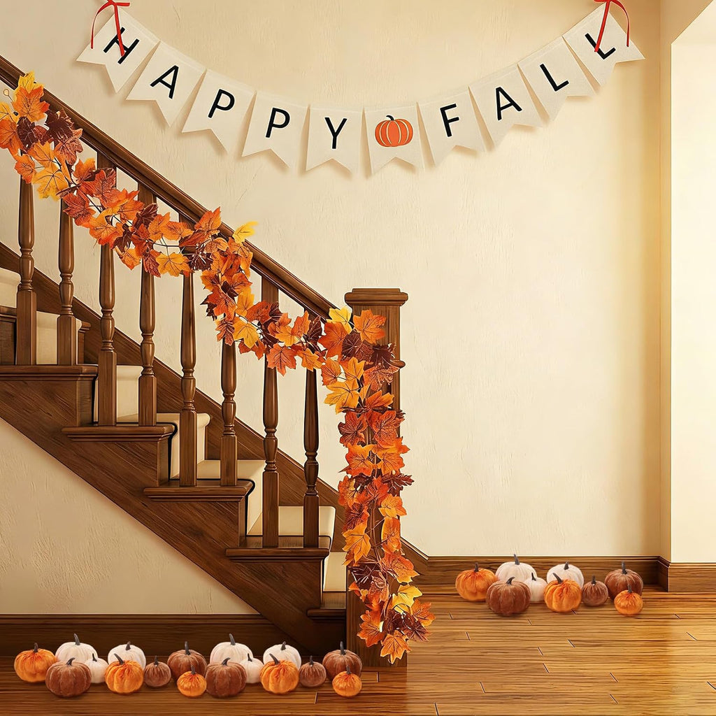 13 Pcs Fall Decorations Set, Happy Fall Banner with Bow Accents, Maple Leaf Garland and 9 Felt Pumpkins, Autumn