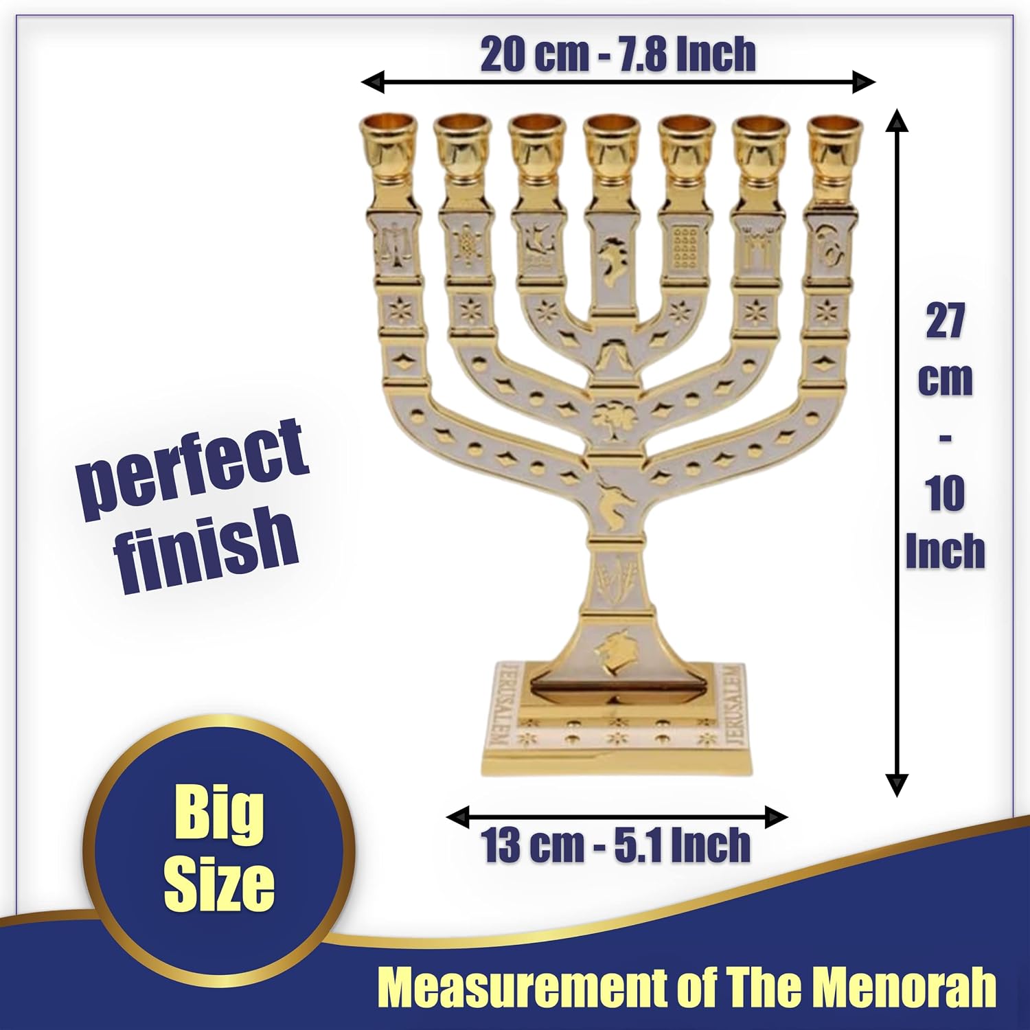 Traditional Jerusalem Menorah 7 Branch, Enamel Finish, with 12 Tribes of Israel, Jewish Candle Holders (10.8 inch)