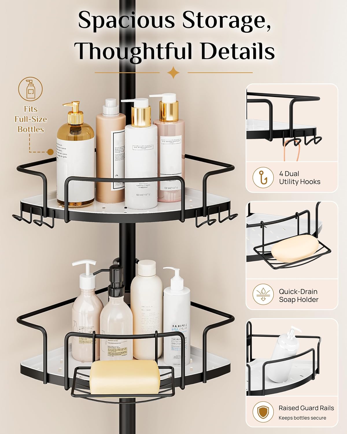 Corner Shower Caddy Tension Pole, 4 Hang-On Basket with Mixed-Height Shelves for Various Bottle Sizes, Extra Hooks &