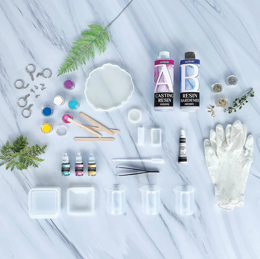 Epoxy Resin Kit for Beginners, Clear Craft Resin Art Kit with Silicone Molds, Alcohol Inks, Glitter, Mica Powder &