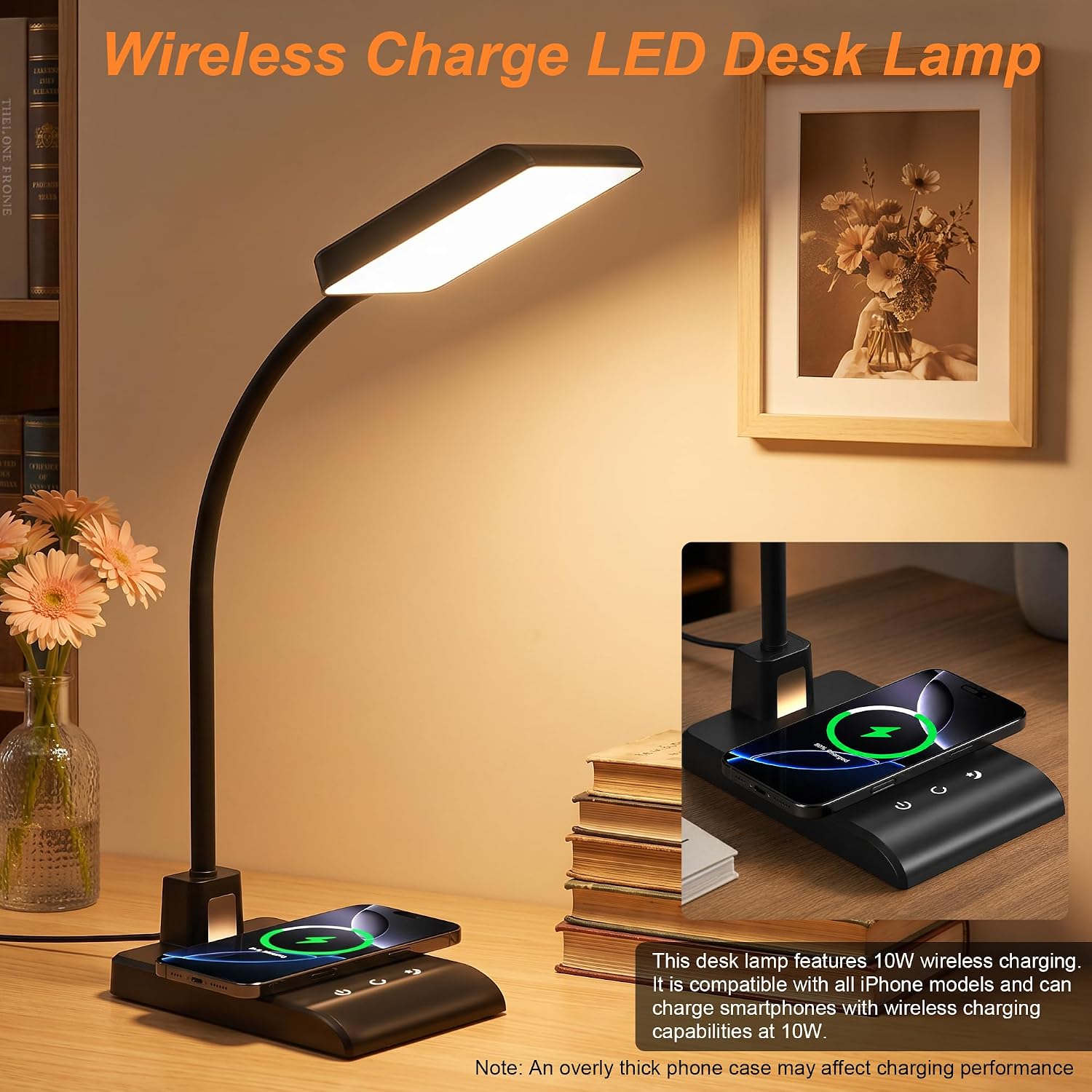 Desk Lamp with Wireless Charger, Desk Lamps for Home Office Night Light | 3 Color Modes with Stepless Dimming, CRI
