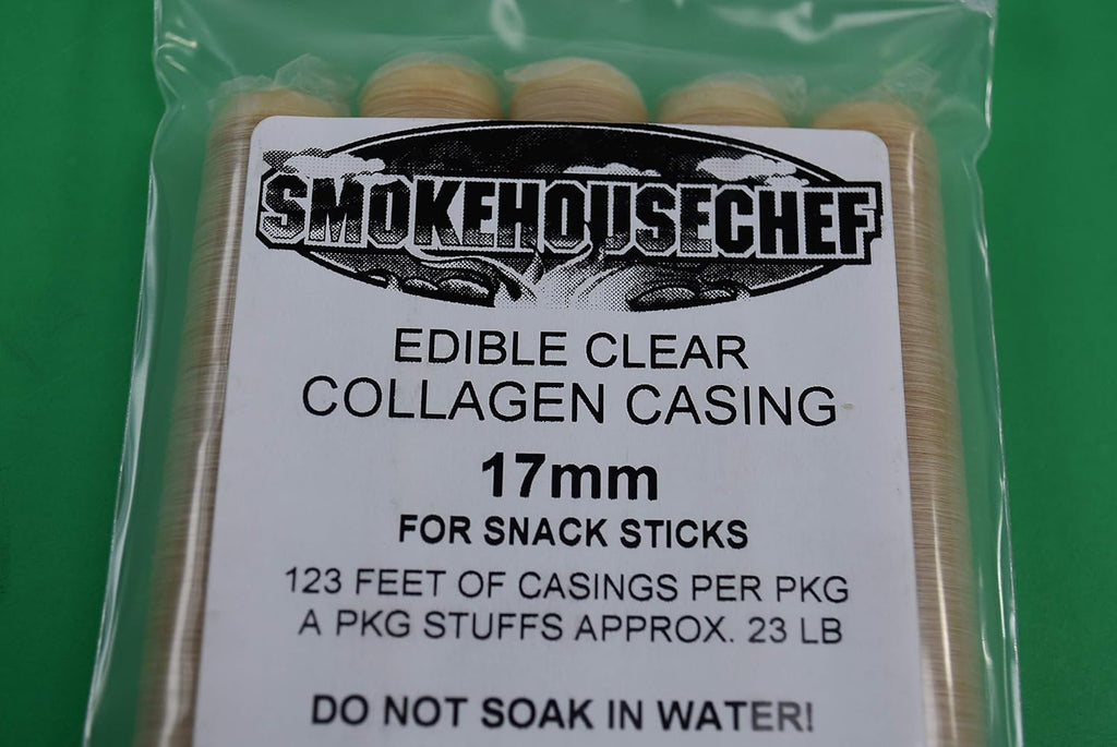 5-pack Clear 17mm Collagen snack sausage casings for 23 lbs of sausage. From Smokehouse Chef. USA Product
