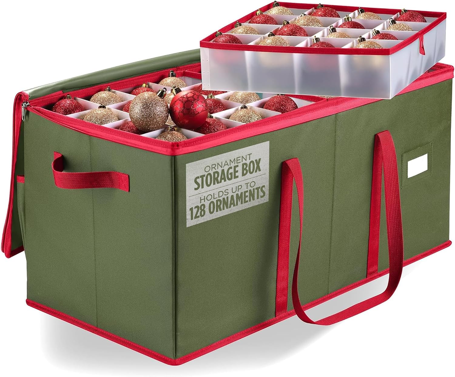 Christmas Ornament Storage - Stores up to 128 Holiday Ornaments, Adjustable Dividers, Zippered Top, Two Handles.