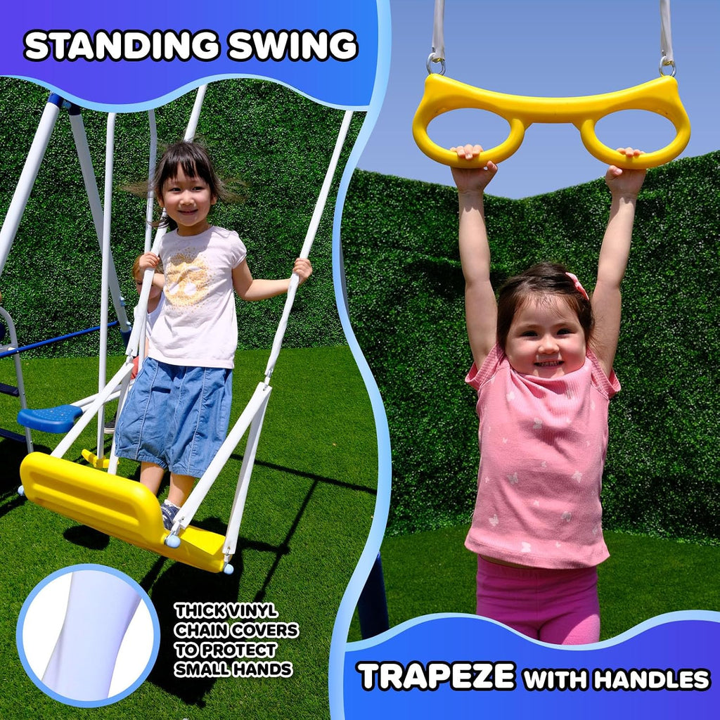 Super 9 Metal Swing Set for Outdoor Backyard Play: Teeter Totter, Glide Ride, Roman Glider, Standing Swing, Trapeze