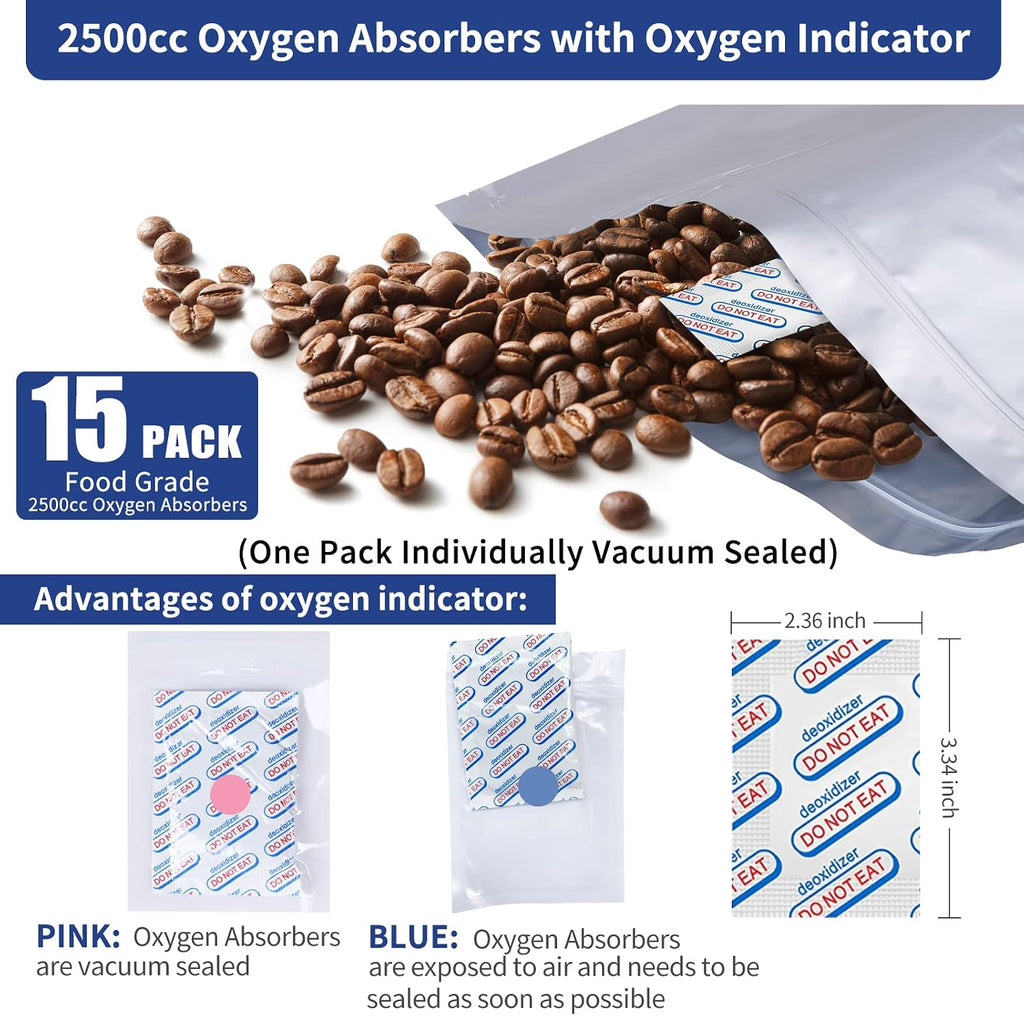 5 Gallon Mylar Bags with Oxygen Absorbers for Food Storage | 15x 5-Gal + 20x 1/2Pt Mylar bags, 15x 2500cc absorbers