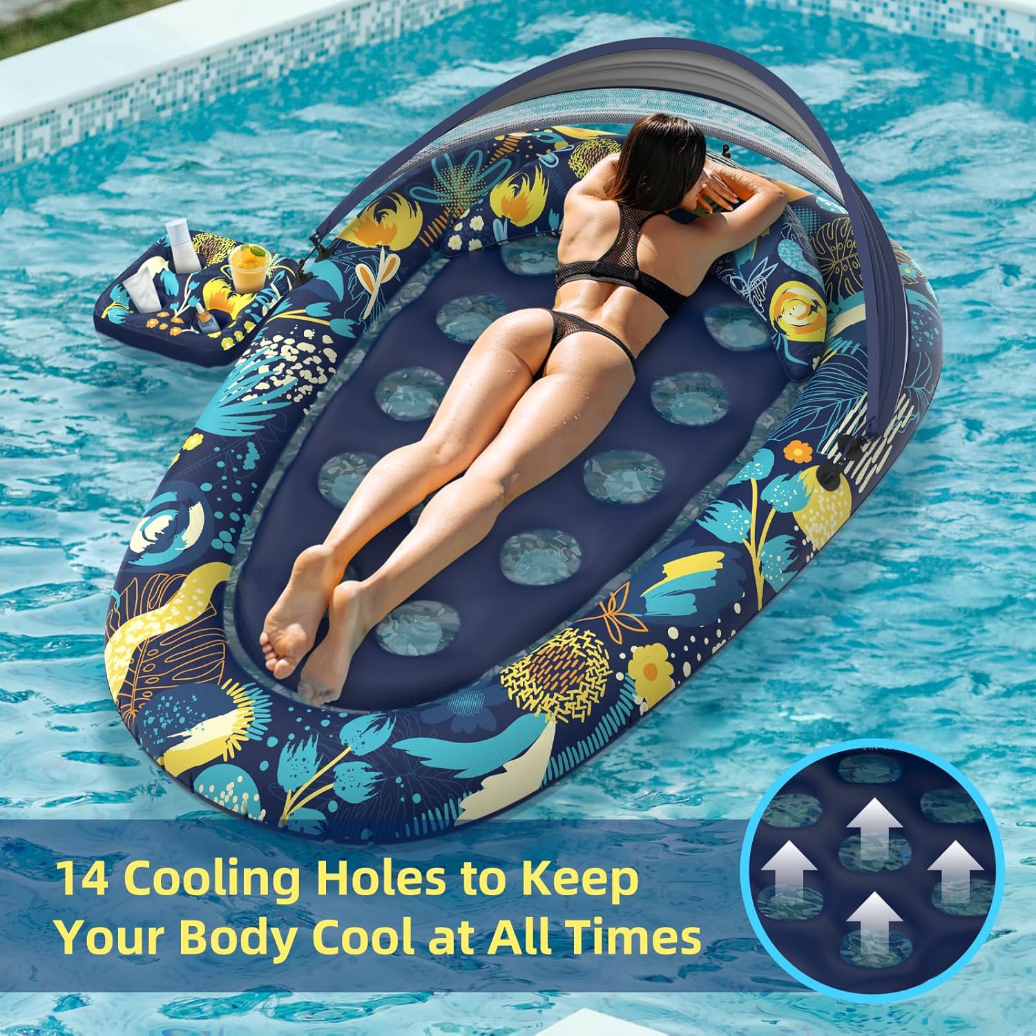 3-in-1 Pool Floats with Canopy Cup Holder, Tanning Pool Large 73" x 48" Float Adult Heavy Duty, Inflatable Lounger