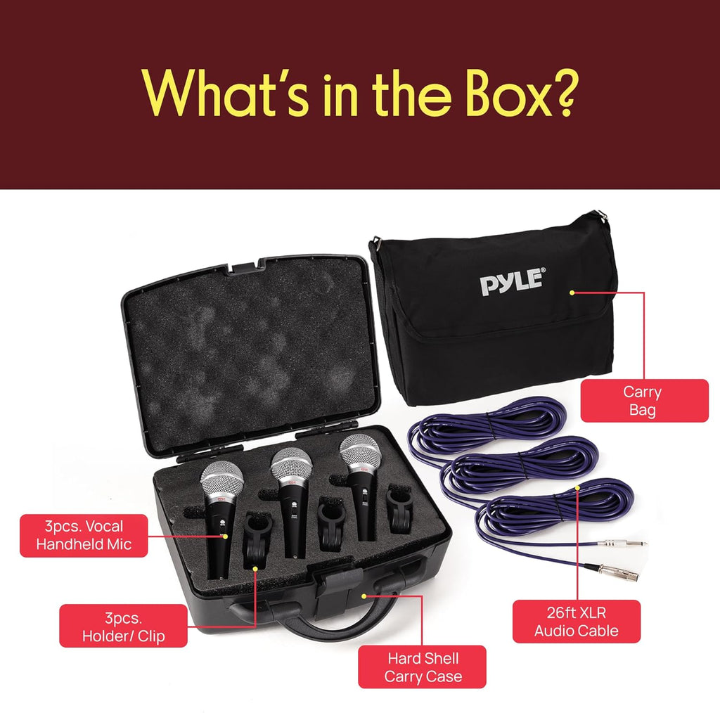 3 Piece Professional Dynamic Microphone Kit Cardioid Unidirectional Vocal Handheld MIC with Hard Carry Case & Bag