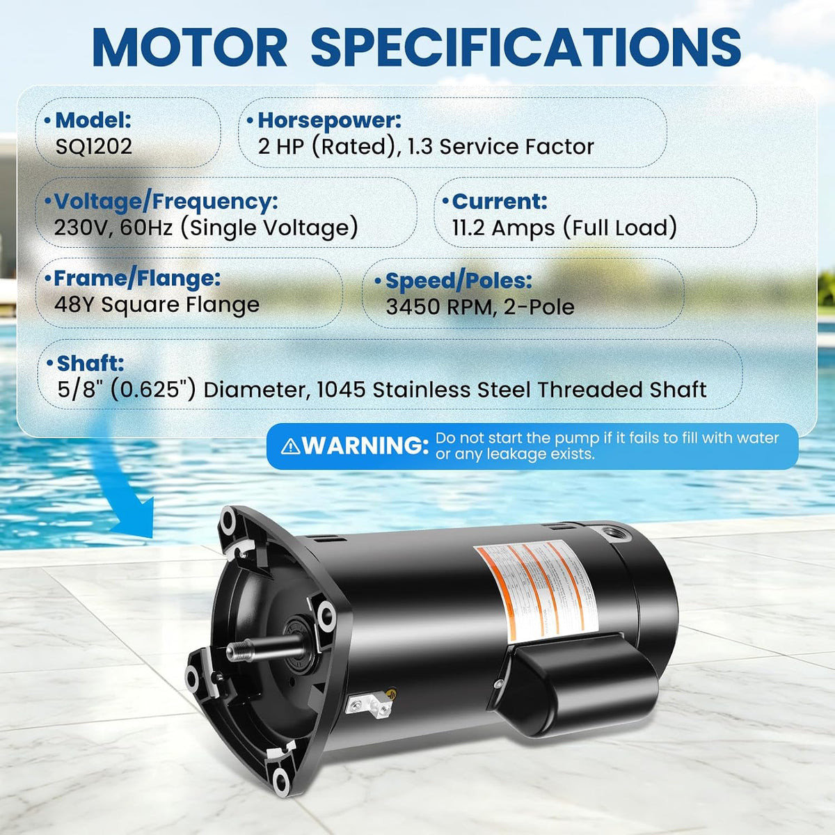 SQ1202 2HP Pool Pump Motor Replacement for Century A.O.Smith Single Speed