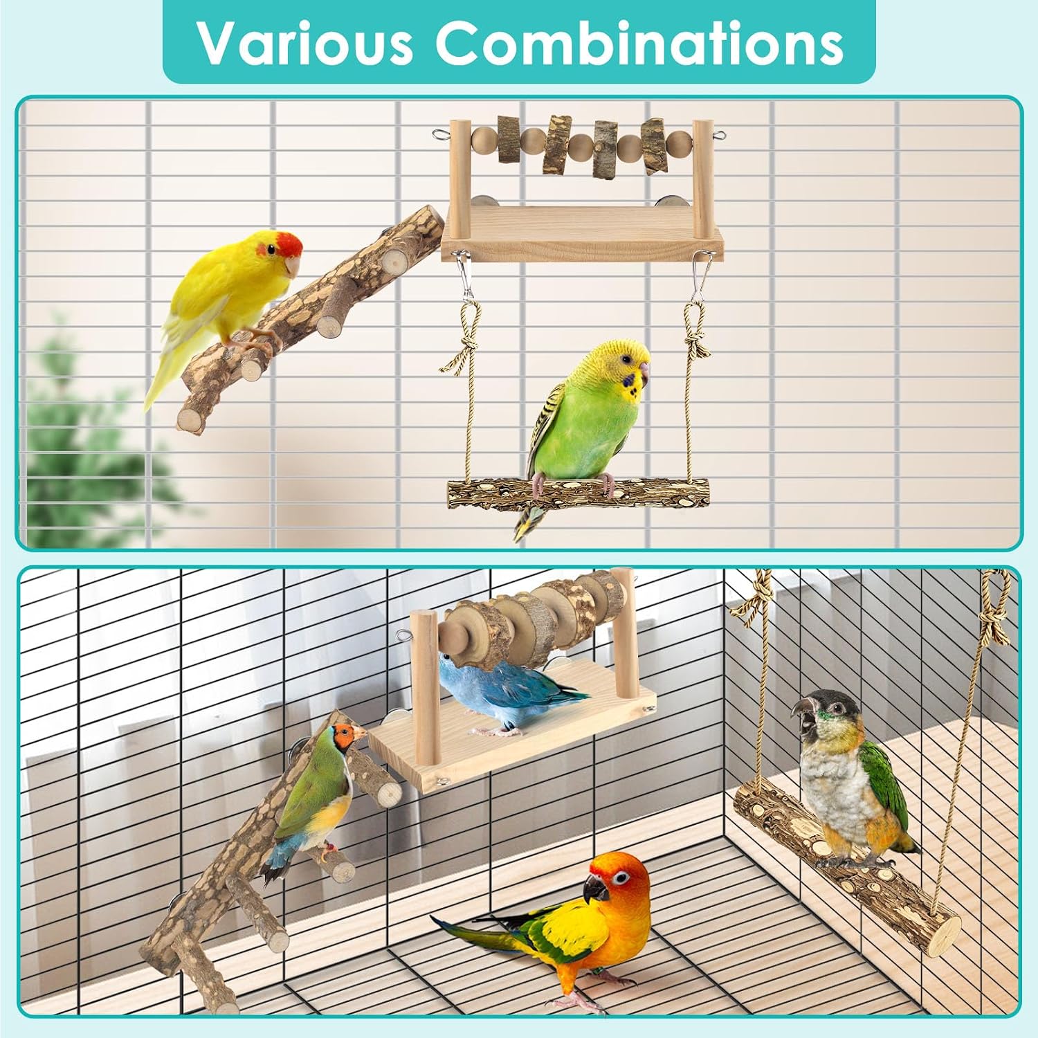 4 Pcs Bird Perch with Swing, Parrot Ladder Perches with Chew Blocks Birds Cage Play Gym Accessories for Conure