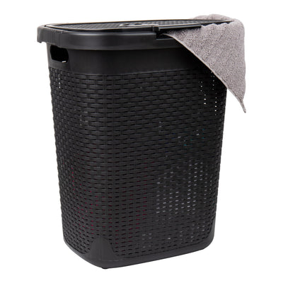 Slim Laundry Hamper with Lid, 50L Clothes Basket, Premium Wicker Design, Plastic, Black