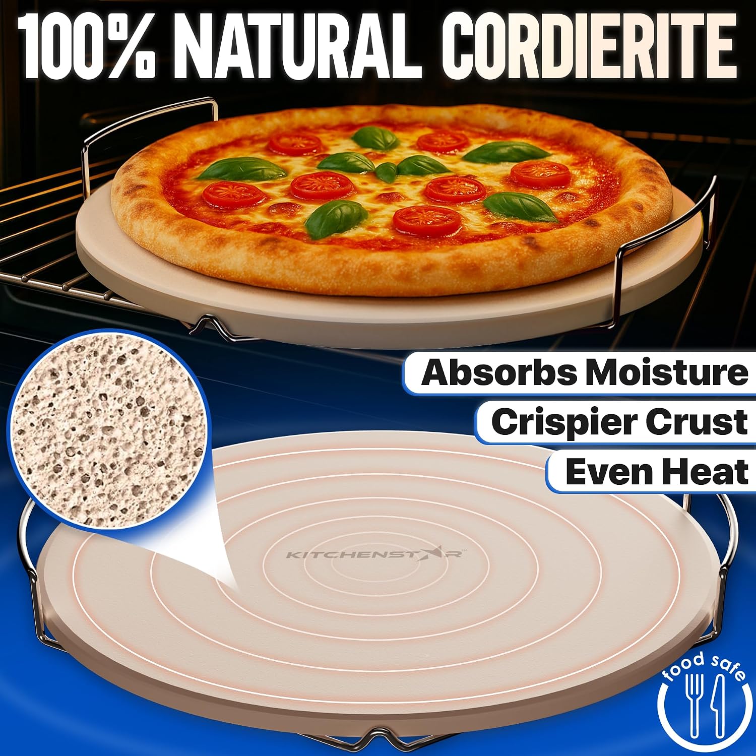 14-inch Pizza Stone for Oven and BBQ Grill with Handles, Round, 5/8" Thick - Natural Cordierite, 1800 °F Resistant