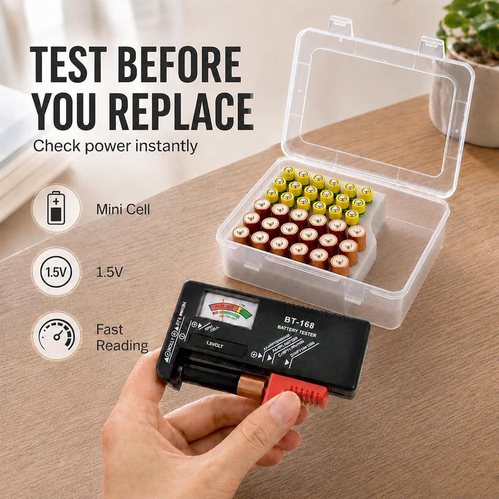 Battery Organizer Storage Box with Test, Garage Case Holder for 18* AA, 18* AAA Batteries (Bag Not Include Batteries
