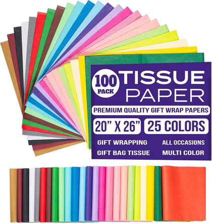 Tissue Paper for Gift Bags - Tissue Paper Bulk | 25 Colors 100 Sheets Colored 20x26 | Crafts, Wrapping, Packaging