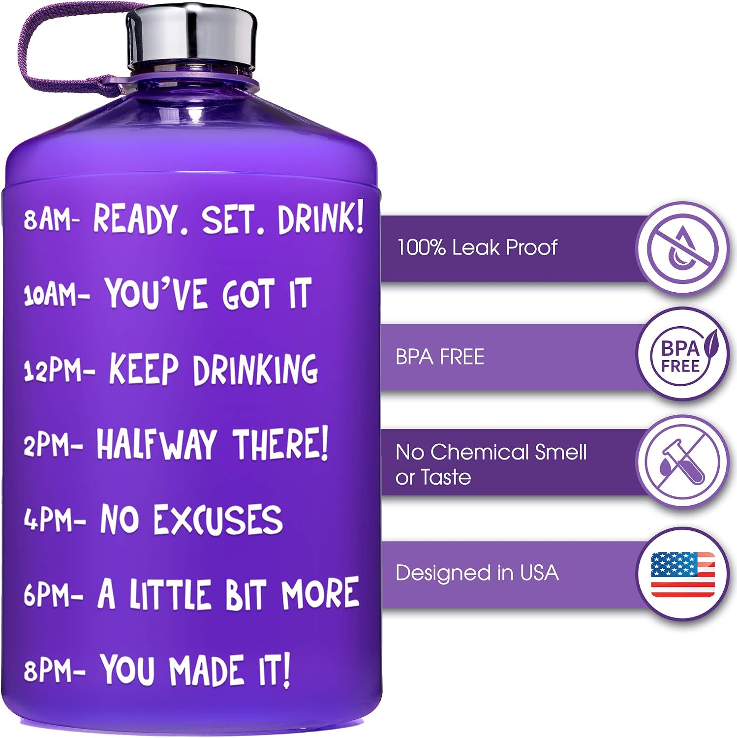HydroMATE Large Gallon 128 oz Motivational Water Bottle with Handle and Time Marker Reusable BPA Free Jug Times