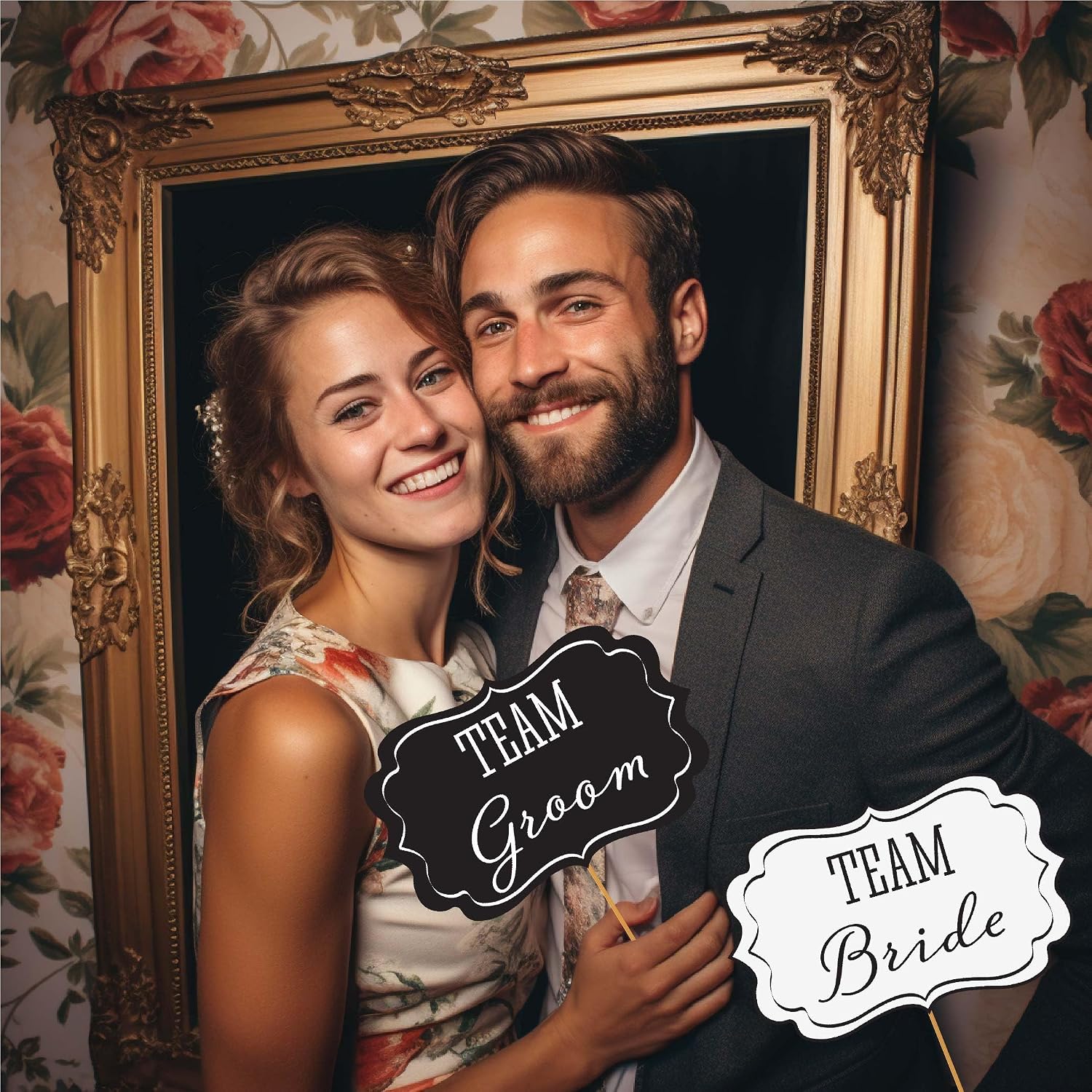 Wedding Photo Booth Props with 8 x 10-Inch Sign, 45 Adhesive Pads, 35 Wooden Sticks - Signs for Wedding Backdrop and