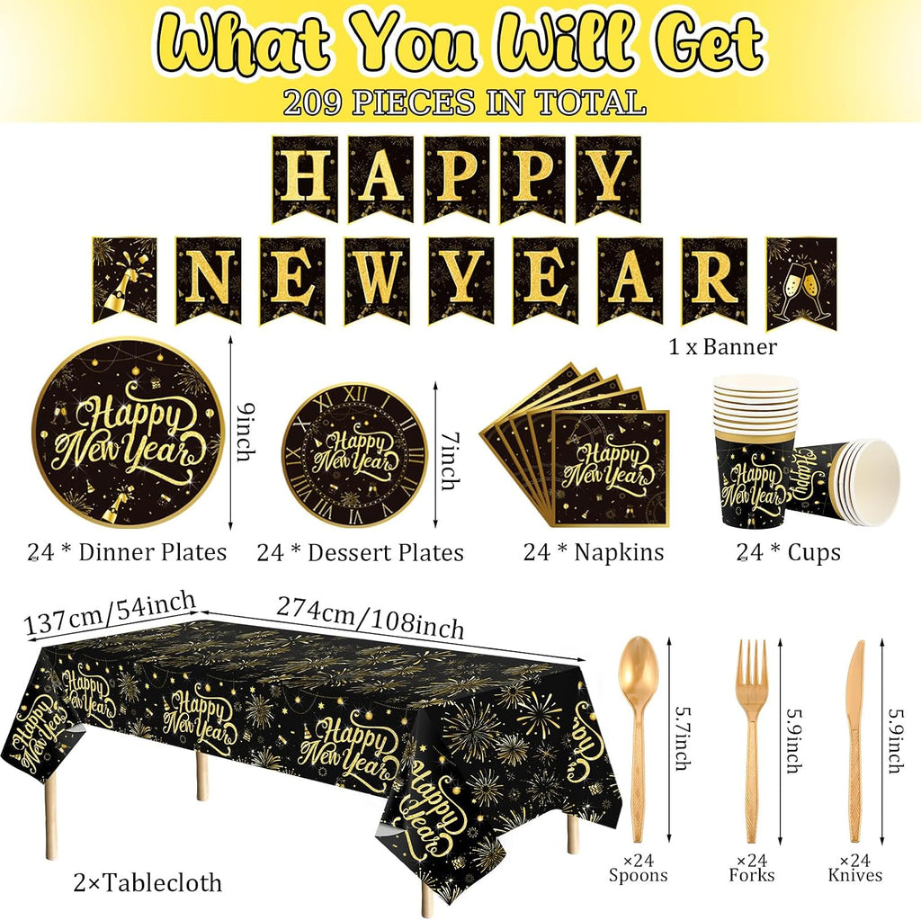 209 Pcs 2026 New Years Eve Party Supplies for 24 Guests Black Gold Tableware Set with Plates Napkins Plastic