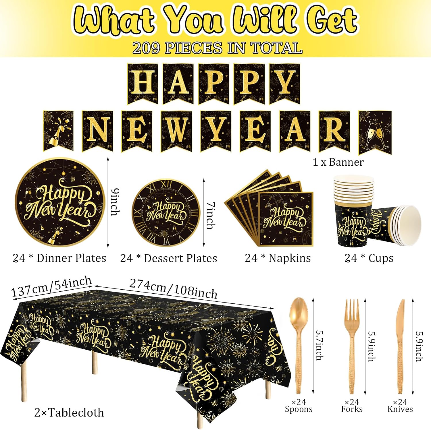 209 Pcs 2026 New Years Eve Party Supplies for 24 Guests Black Gold Tableware Set with Plates Napkins Plastic