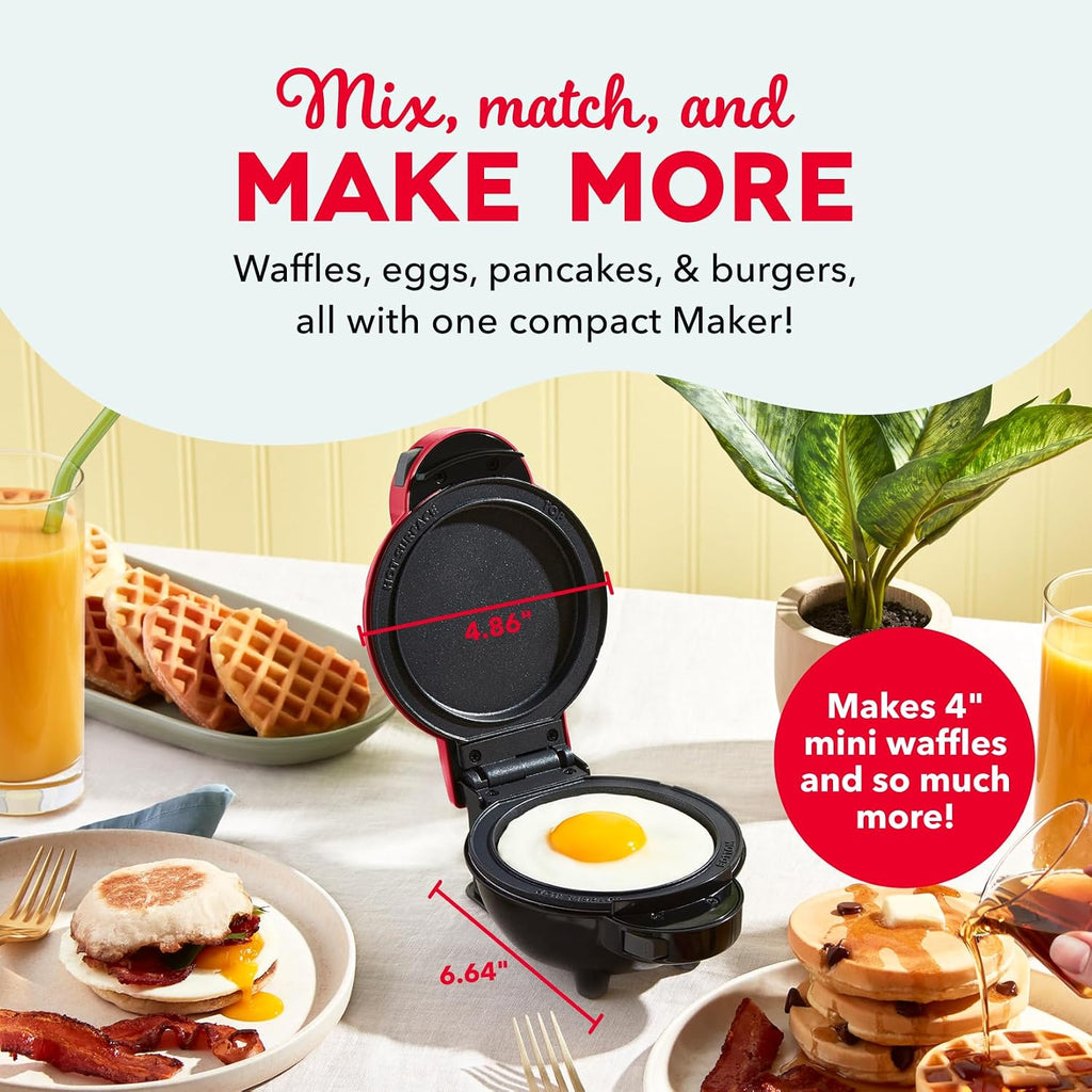 MultiMaker Mini Waffle Maker, Removable Waffle & Griddle Plates, Red | Mini Pancake Maker for Kids; Interchangeable