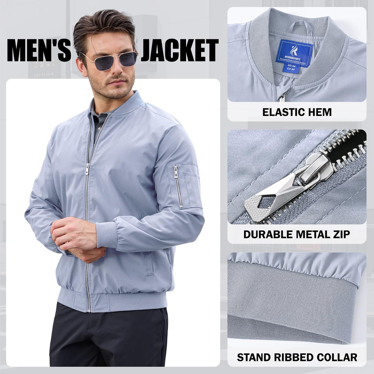 Men’s Lightweight Bomber Jacket Casual Full Zip Spring Fall Windbreaker Coat with Pockets Light Gray M