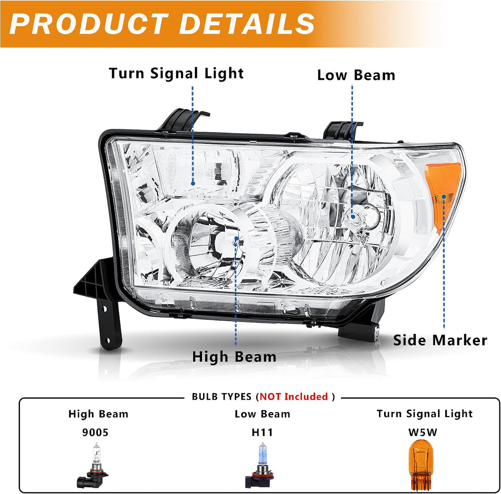 Headlight Assembly Pair for 2007-2013 Toyota Tundra with Level Adjuster