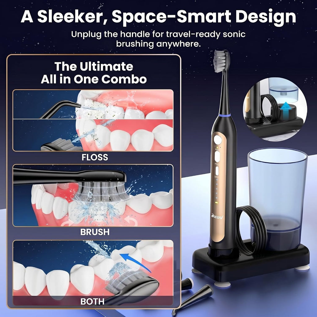 Electric Toothbrush with Water Flosser Combo, Compact 3-in-1 Flossing Toothbrush, 40000 VPM Sonic Brushing,11oz