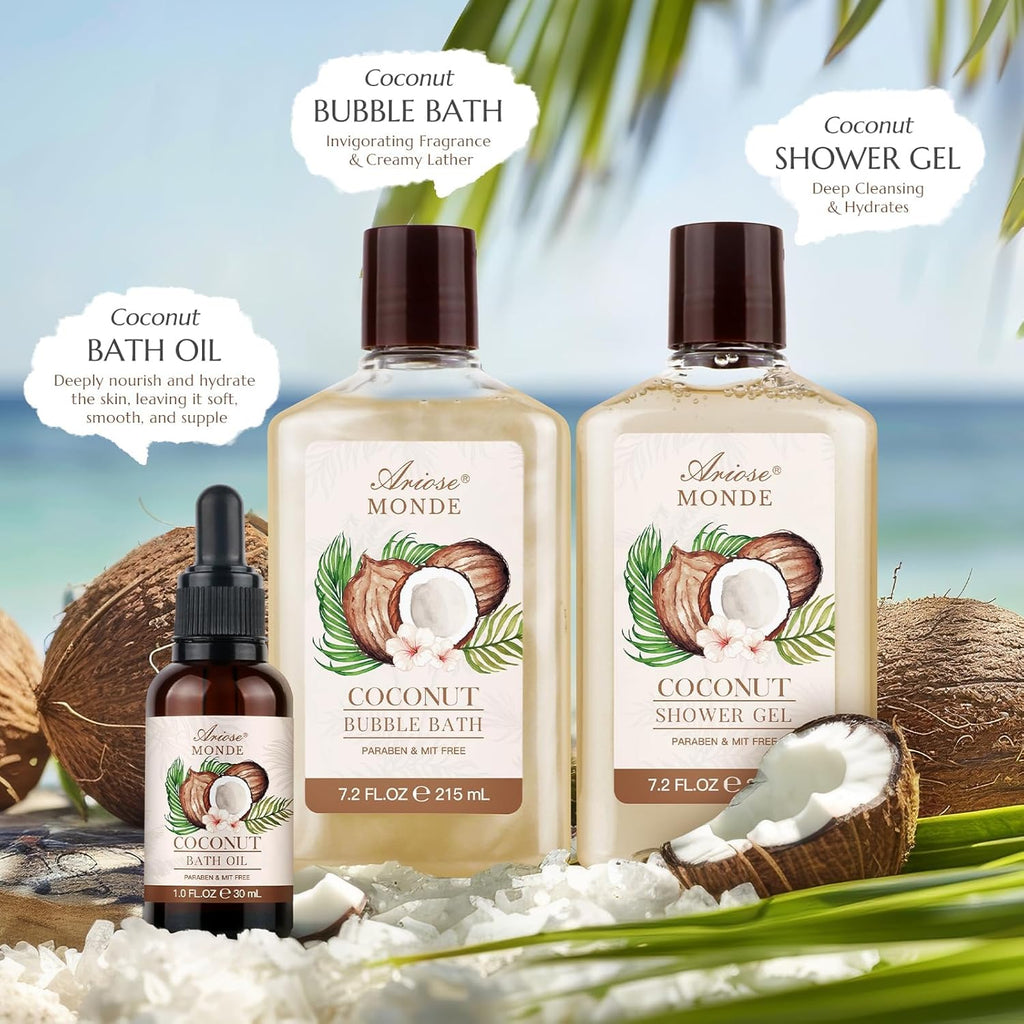 Bath & Shower Spa Basket Gift Set, Coconut Scent, with Shower Gel, Bubble Bath,Body Lotion, Bath Bomb,Bath Salt, Bath