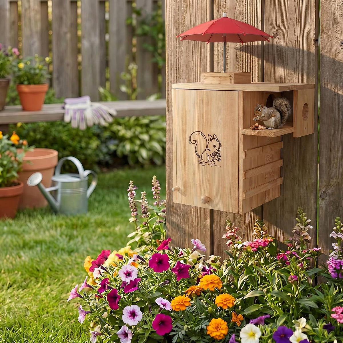 Large Wooden Squirrel House Outdoor，Nest Box with Feeder & Predator Guard