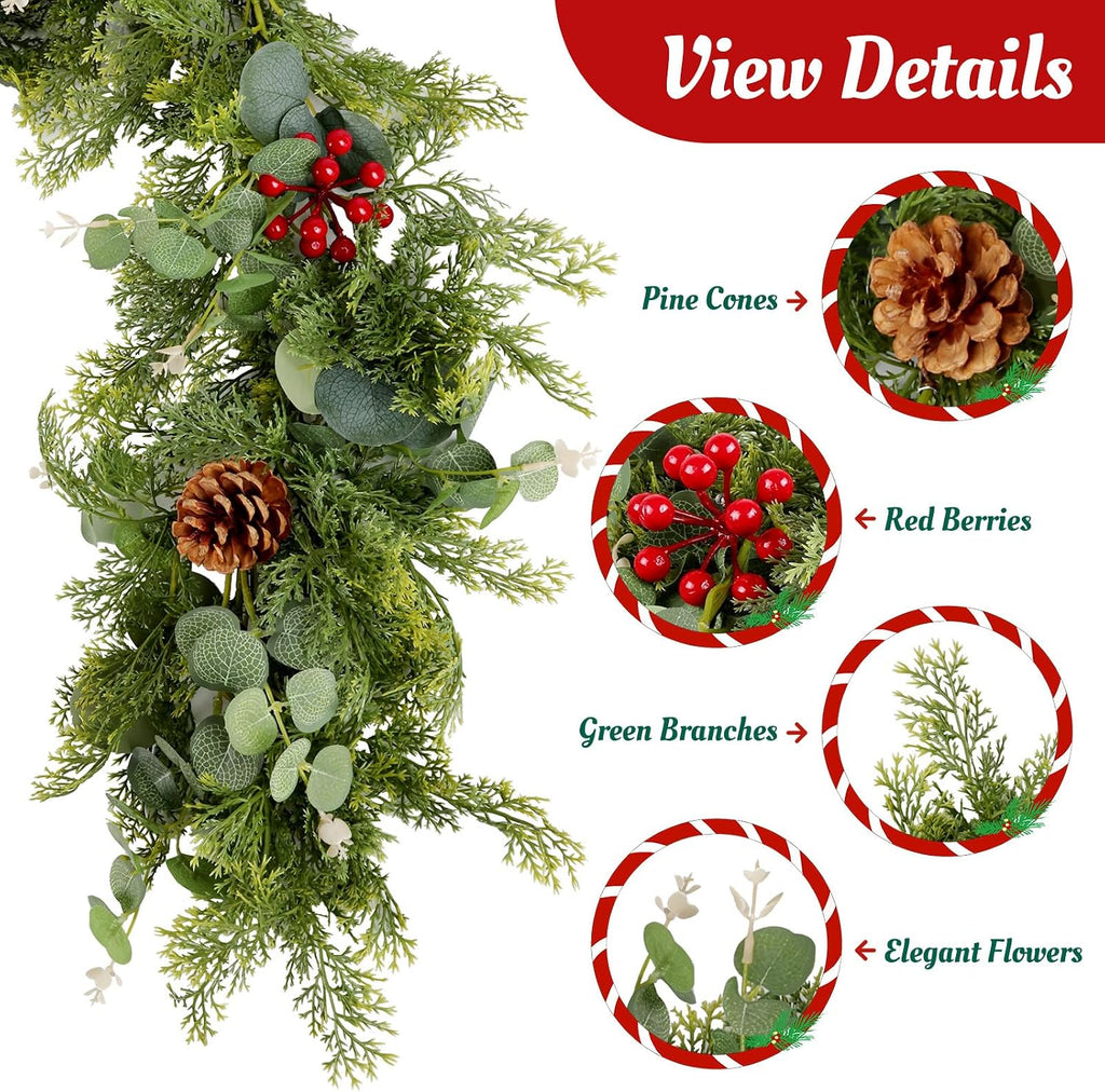 6ft Christmas Garland, Norfolk Pine Lighted Garland with Berries & Pinecones, Real Touch Greenery Wreath for